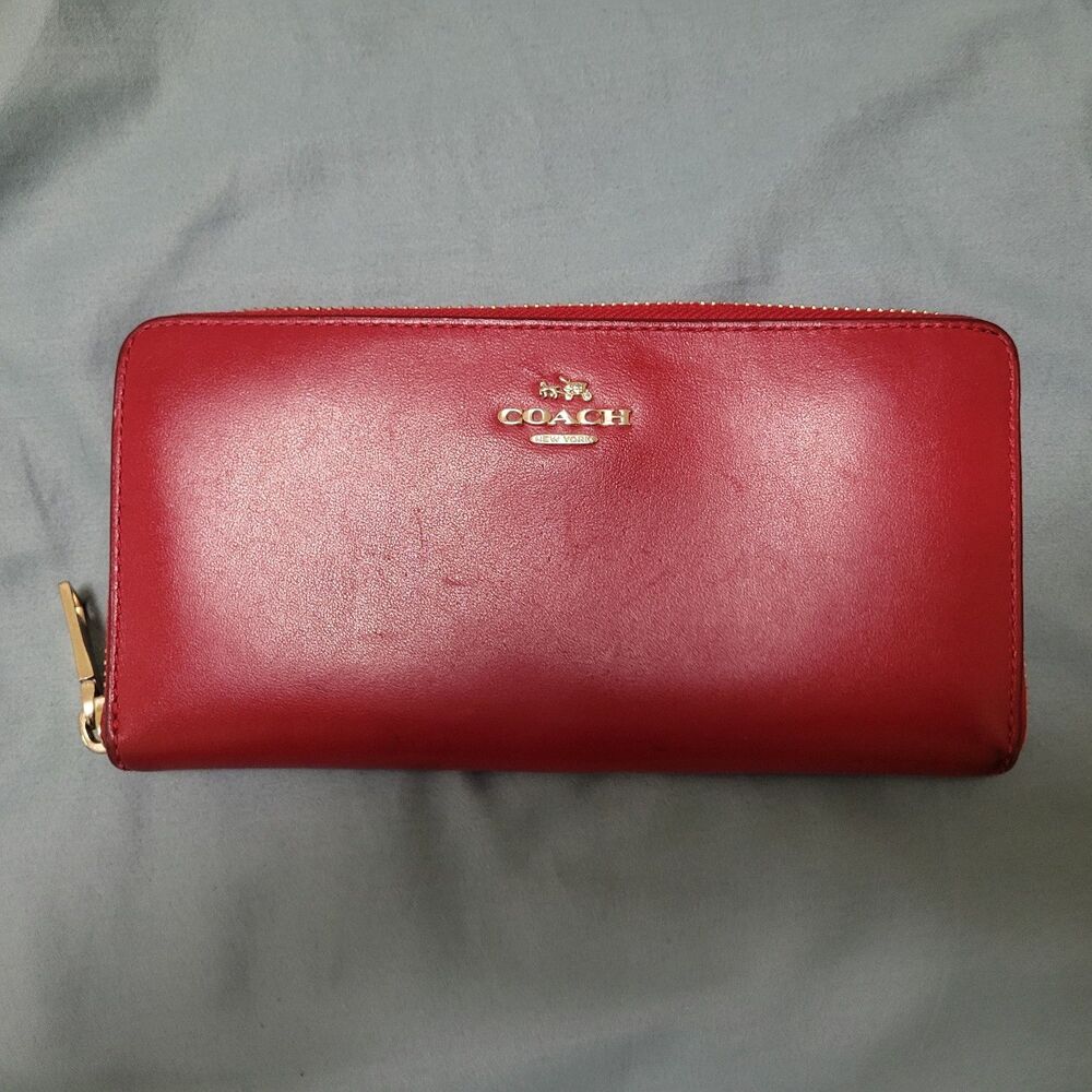 Coach Cherry Red Smooth Leather Slim Zip Around Accordion Phone Wallet
